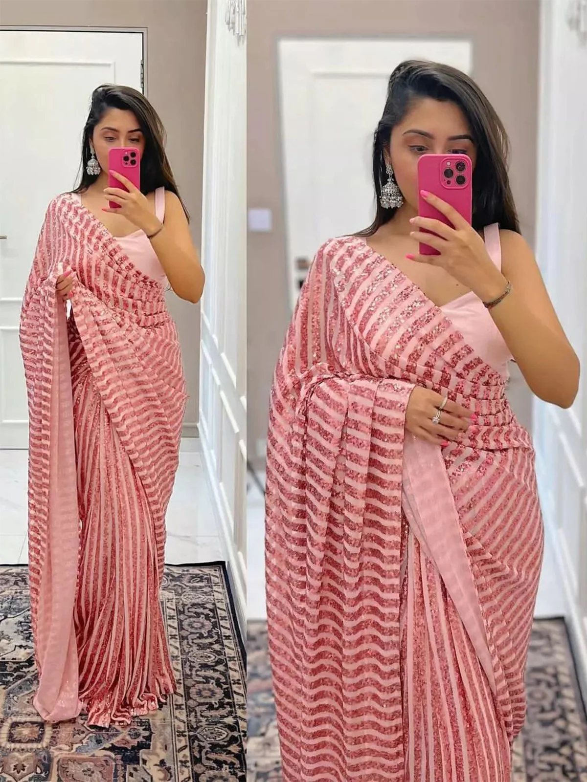 Odette Women Pink Sequin Georgette Saree With Unstitched Blouse - Image 5