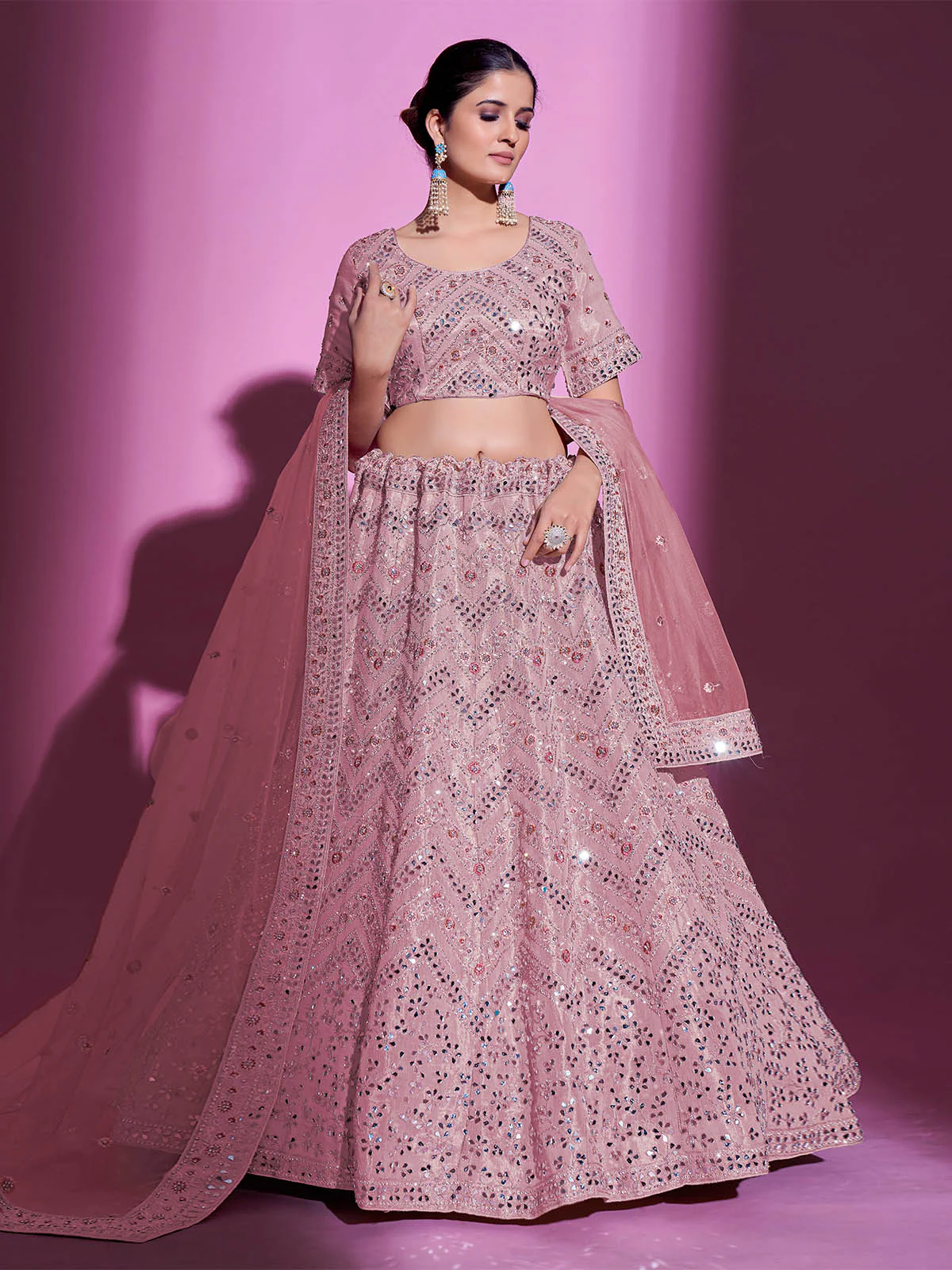 Odette Women Pink Silk Blend Embroidered Semi Stitched Lehenga With Unstitched Blouse - Image 3