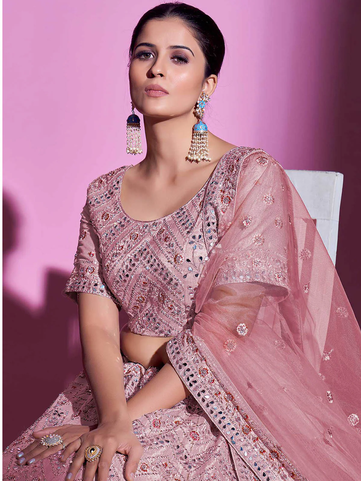 Odette Women Pink Silk Blend Embroidered Semi Stitched Lehenga With Unstitched Blouse - Image 6