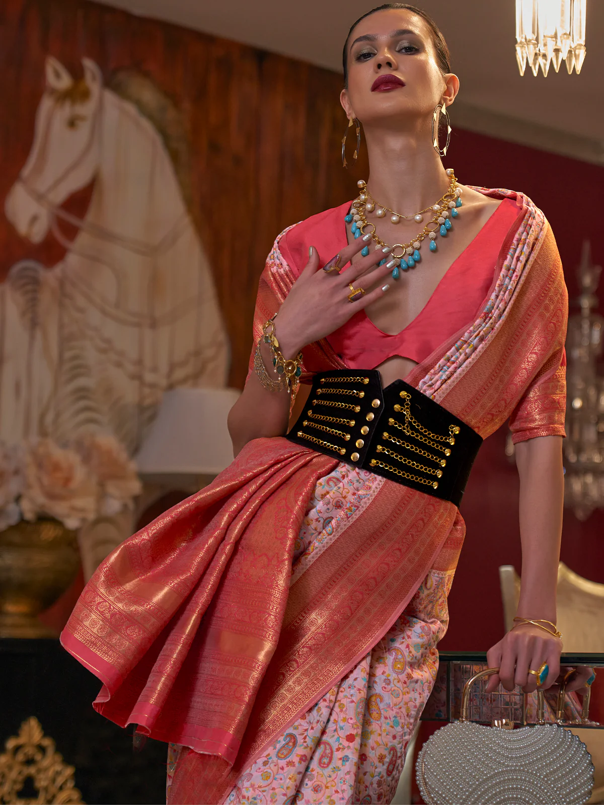 Odette Women Pink Modal Woven Saree With Unstitched Blouse - Image 2
