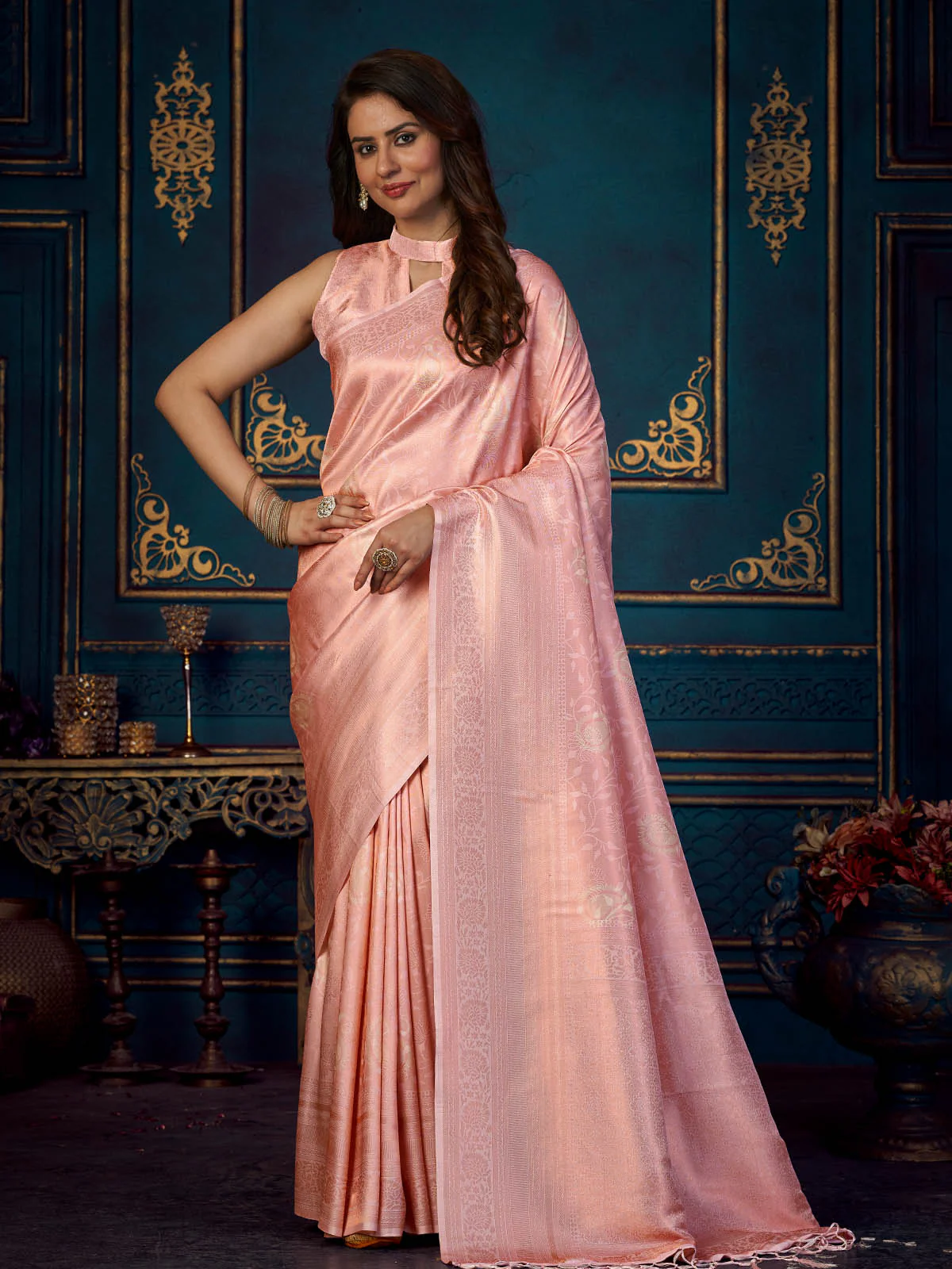 Odette Women Pink Silk Blend Woven Saree With Unstitched Blouse