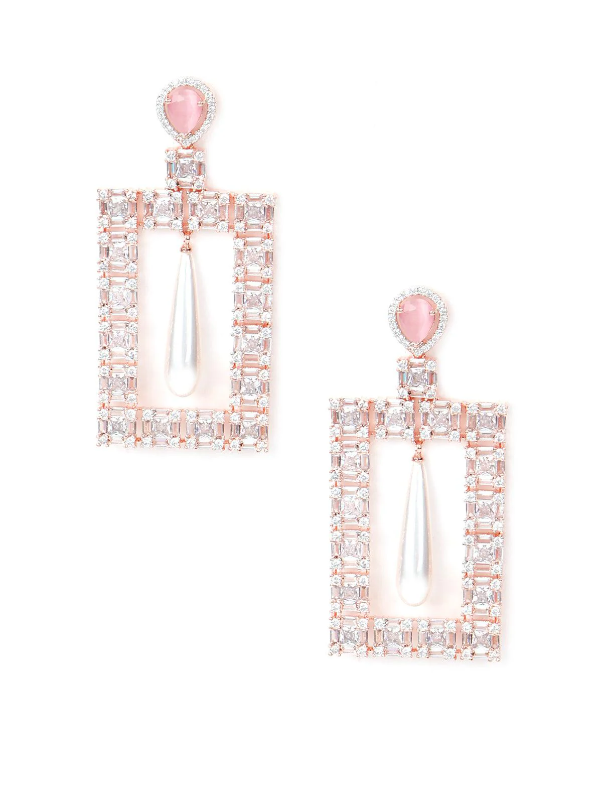 Odette Women Pink Square Shaped Rhinestone Earrings. - Image 3