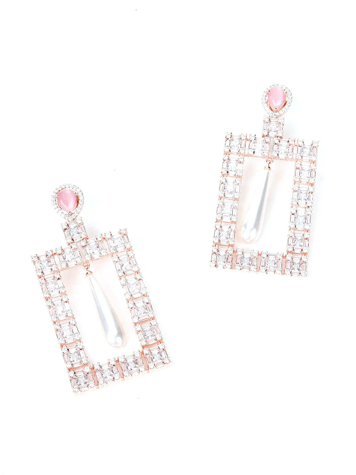 Odette Women Pink Square Shaped Rhinestone Earrings. - Image 6