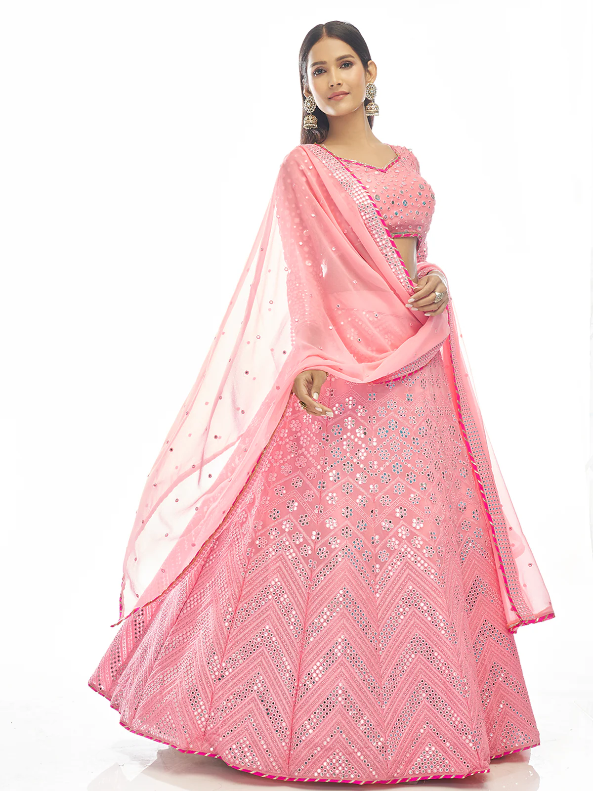 Odette Women Pink Embroidered Georgette Semi Stitched Lehenga With Unstitched Blouse - Image 2