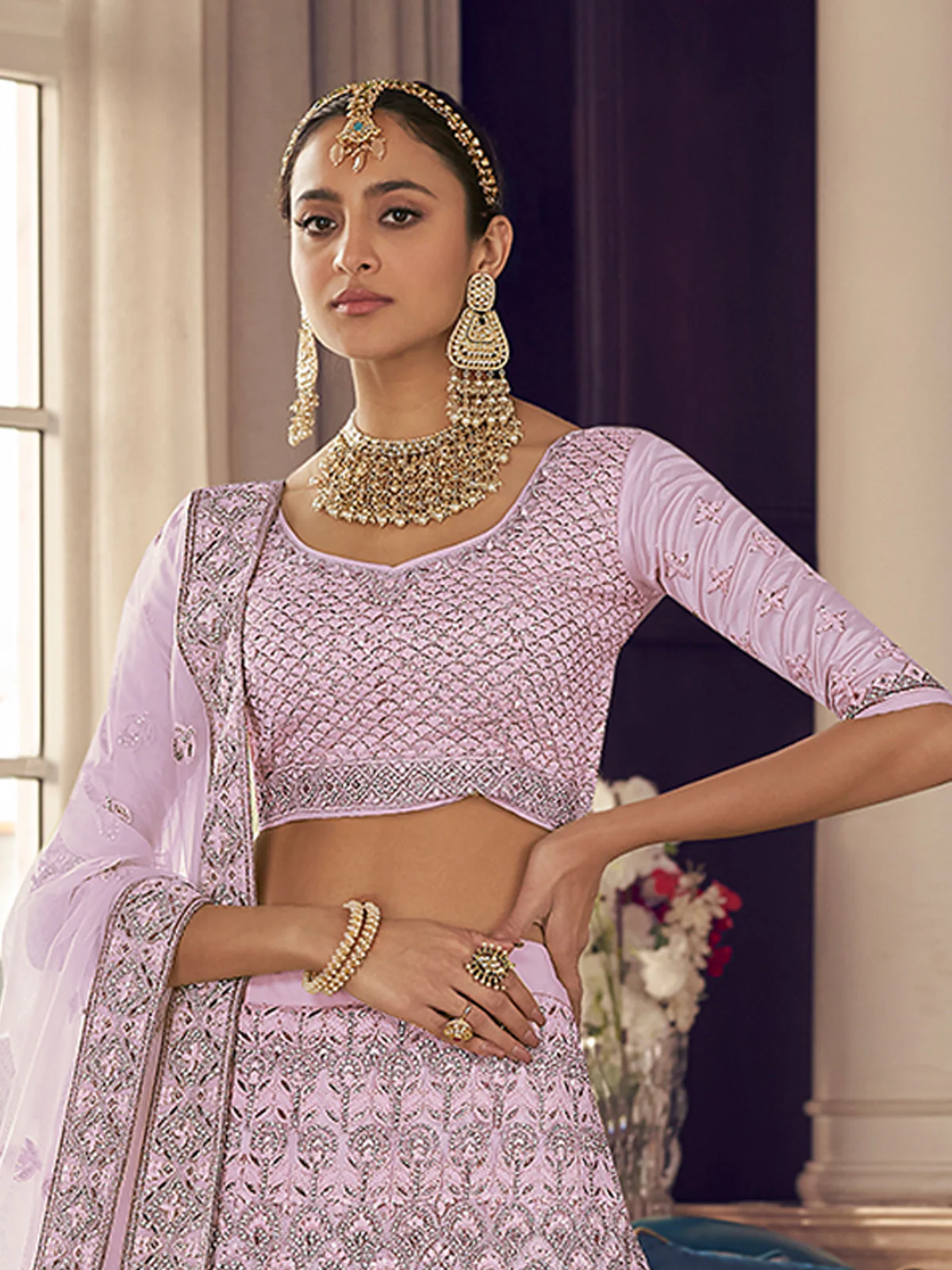 Odette Women Pink Embroidered Crepe Semi Stitched Lehenga With Unstitched Blouse - Image 2