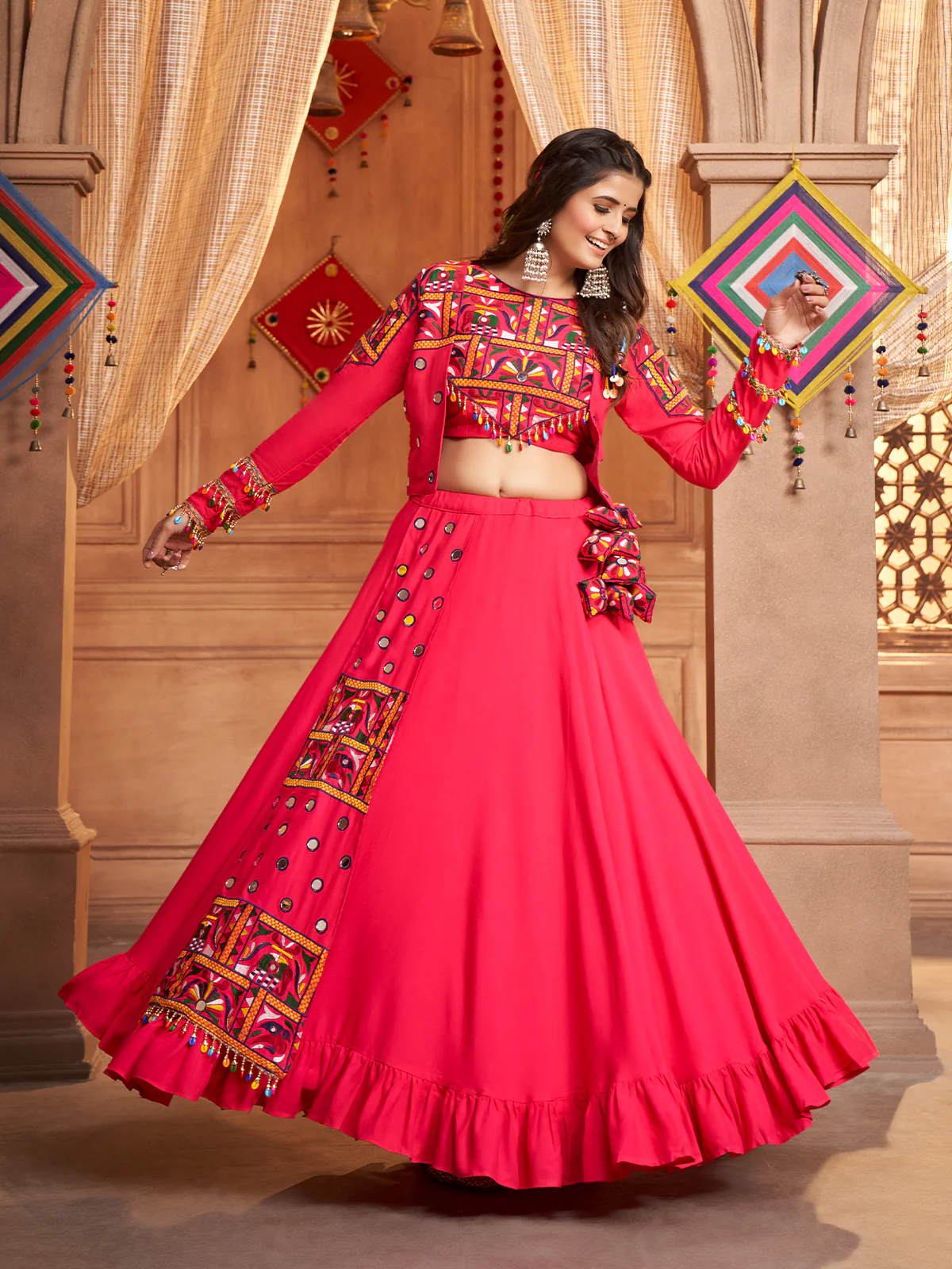 Odette Pink Viscose Rayon Embroidered Stitched Lehenga Choli For Women - Image 2