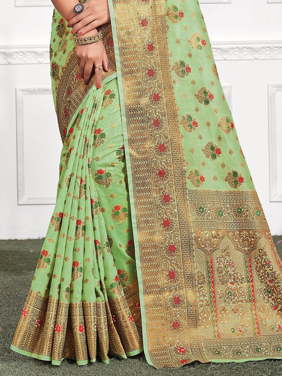 Odette Women Pista Cotton Heavy Jari Wevon Designer Stone Saree With Unstitched Blouse - Image 3