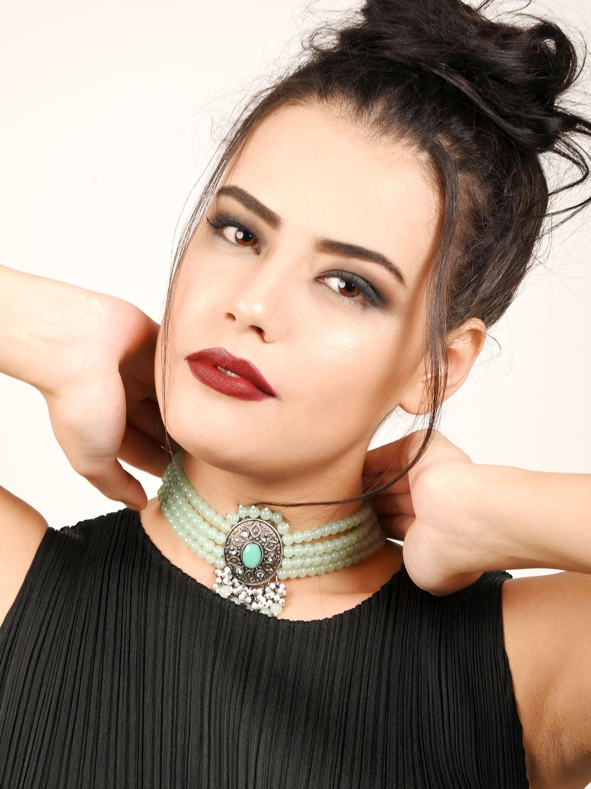 Odette Women Delightful Aqua Green Crystal Choker Necklace Set - Image 2