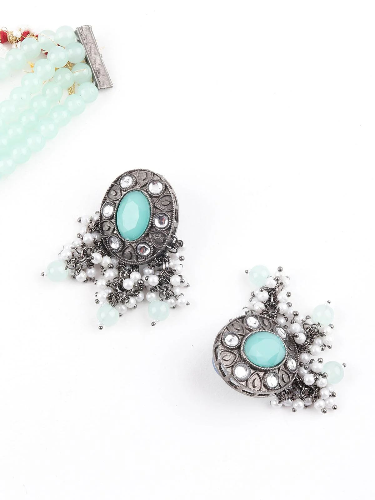Odette Women Delightful Aqua Green Crystal Choker Necklace Set - Image 5