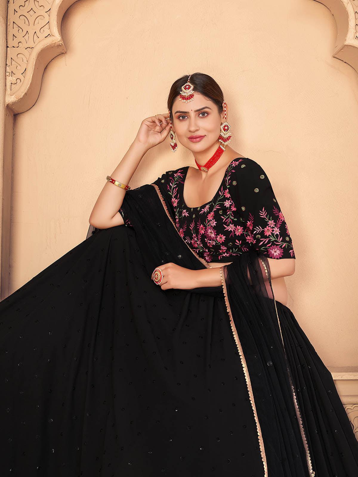 Odette Women Pretty Black Georgette Semi Stitched Lehenga With  Unstitched Blouse - Image 4