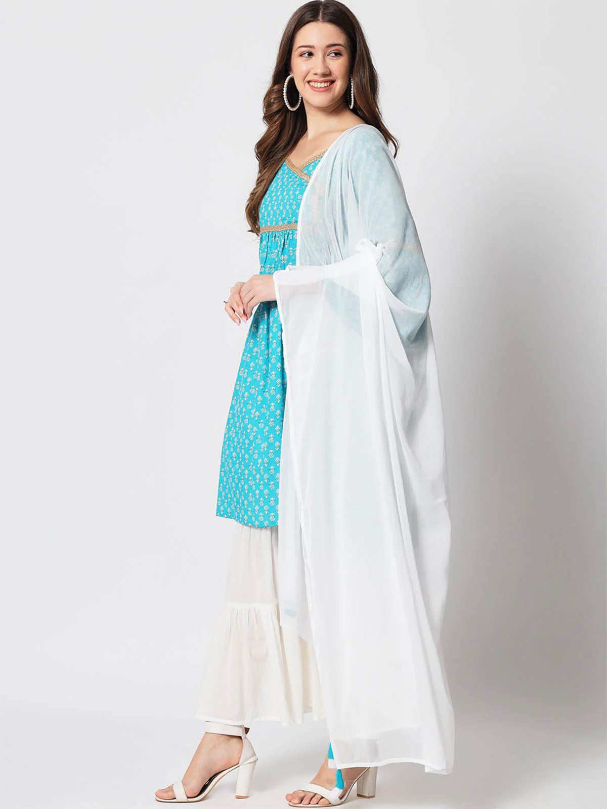 Odette Women Pretty Blue Cotton Printed Stitched Kurta Set - Image 2