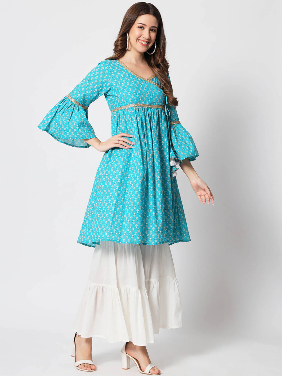 Odette Women Pretty Blue Cotton Printed Stitched Kurta Set - Image 3