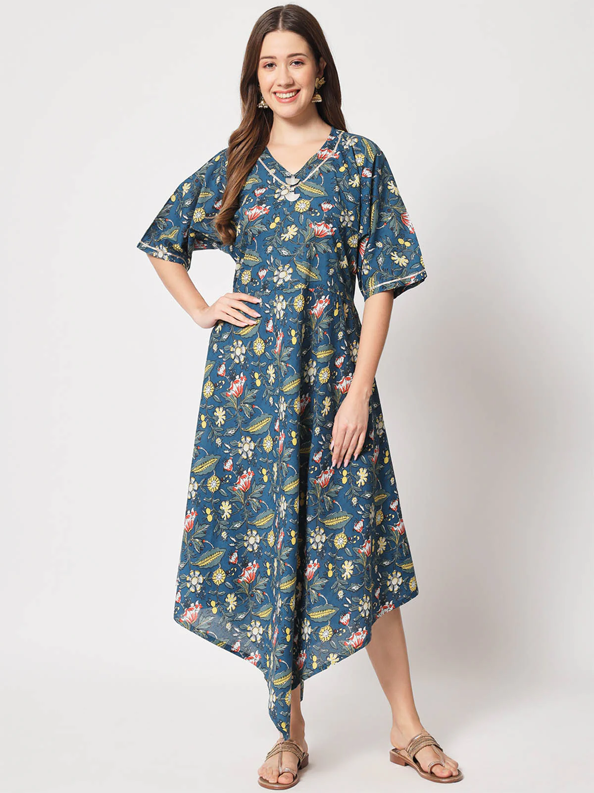 Odette Women Pretty Blue Cotton Printed Stitched Kurta - Image 2