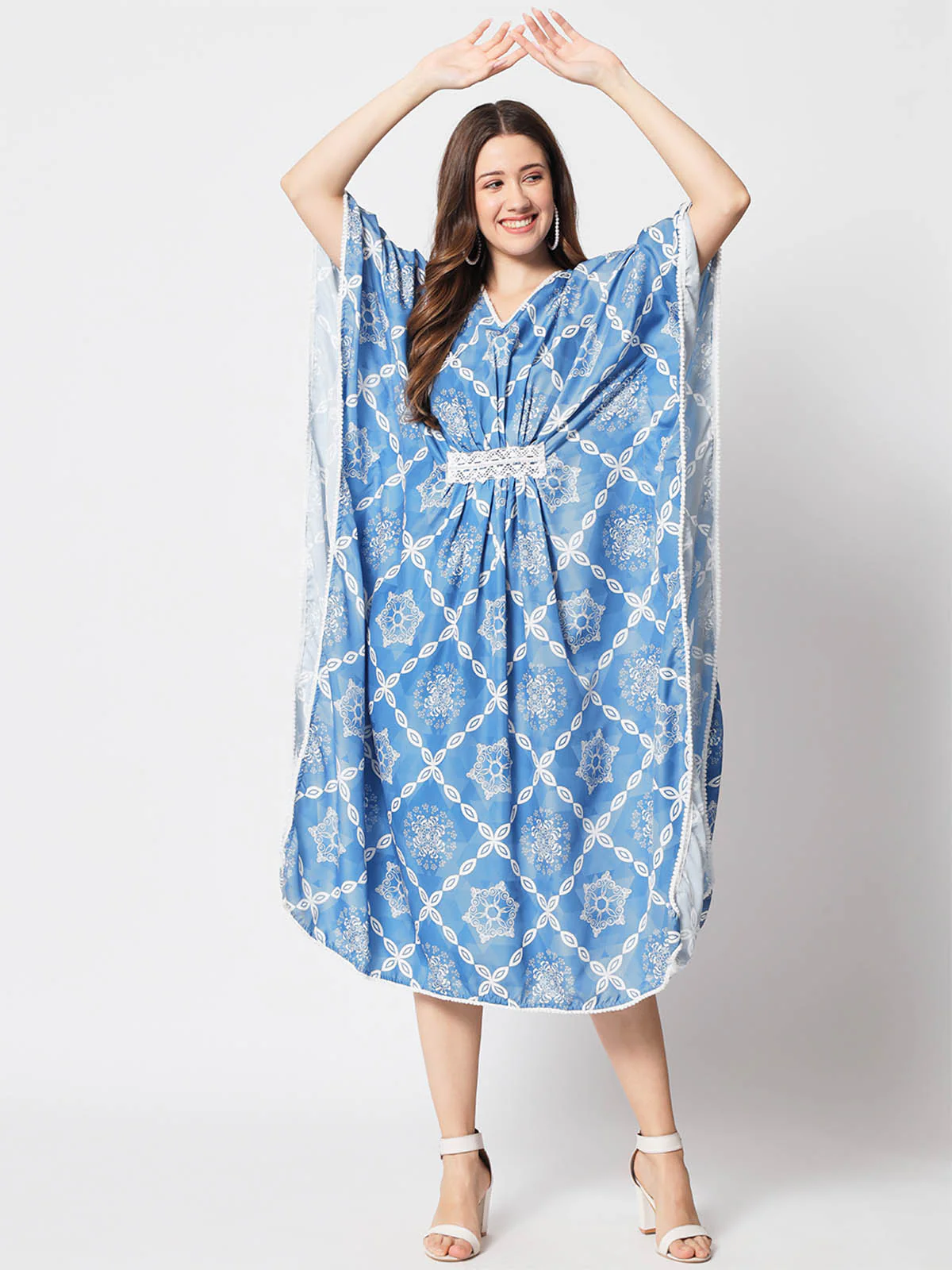 Odette Women Pretty Blue Polyster Printed Stitched Kurta - Image 3