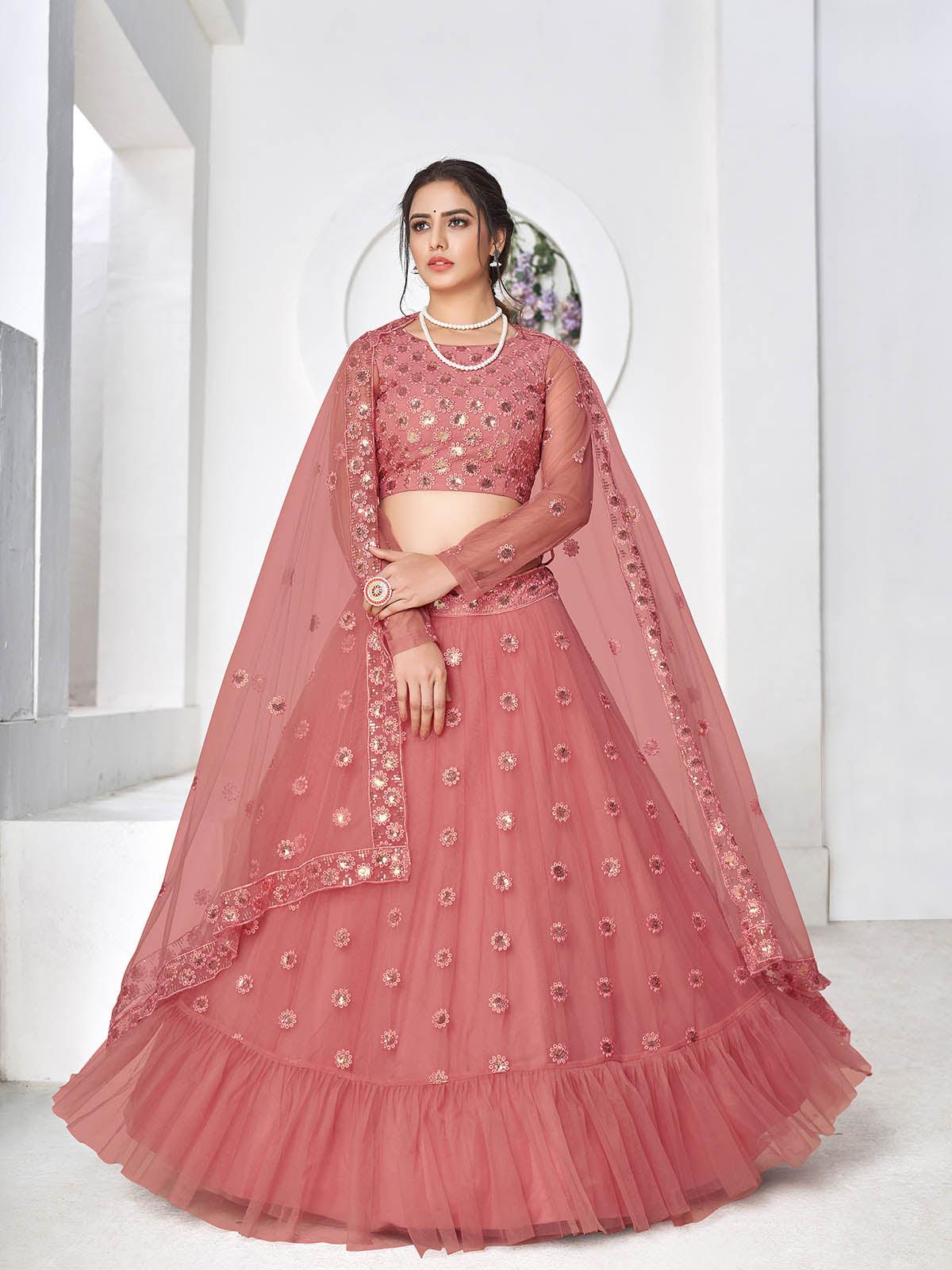 Odette Women Pretty Dusty Pink Net Semi Stitched Lehenga With  Unstitched Blouse - Image 3