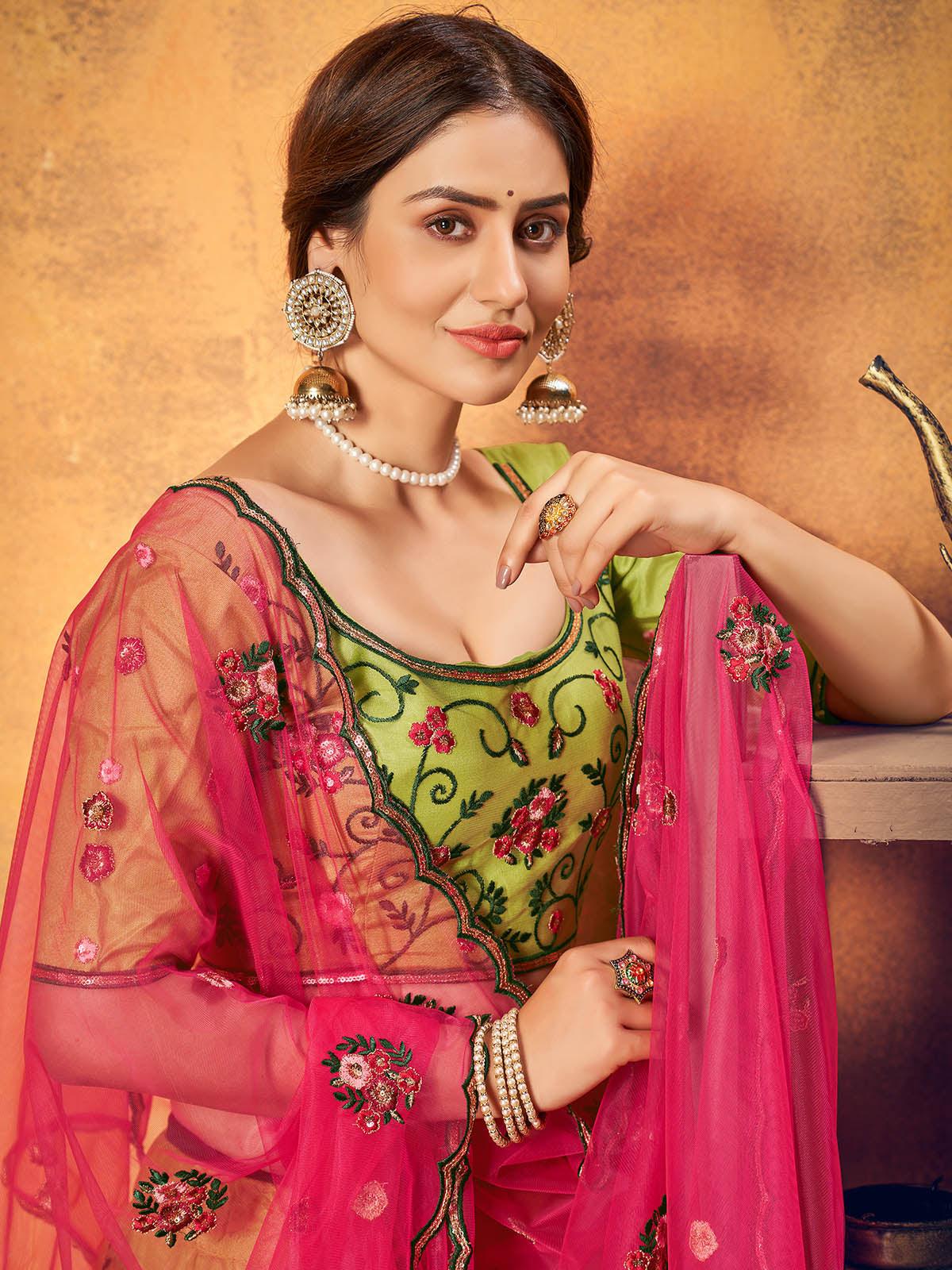 Odette Women Pretty Florescent Green Net Semi Stitched Lehenga With  Unstitched Blouse - Image 2