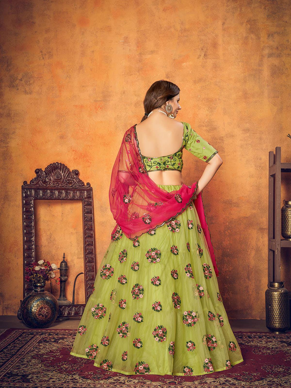 Odette Women Pretty Florescent Green Net Semi Stitched Lehenga With  Unstitched Blouse - Image 4
