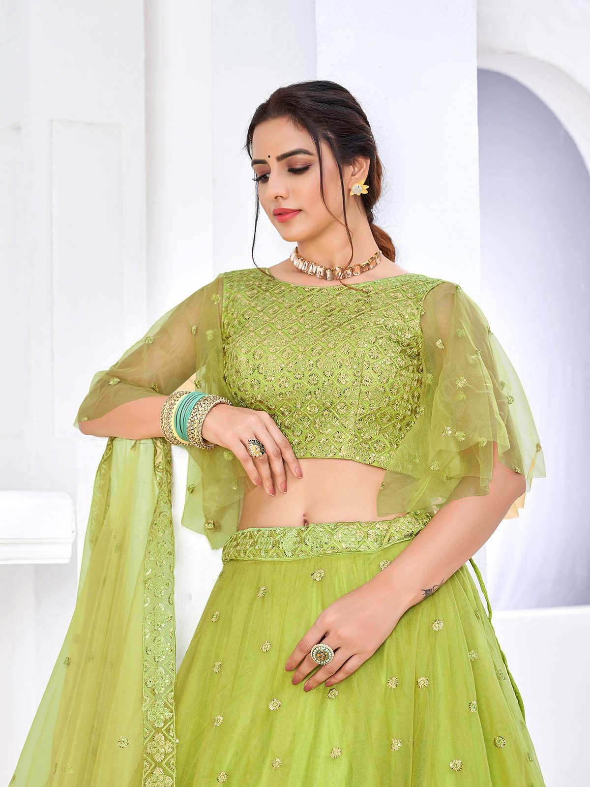 Odette Women Pretty Fluorescent Green Net Semi Stitched Lehenga With Unstitched Blouse - Image 4