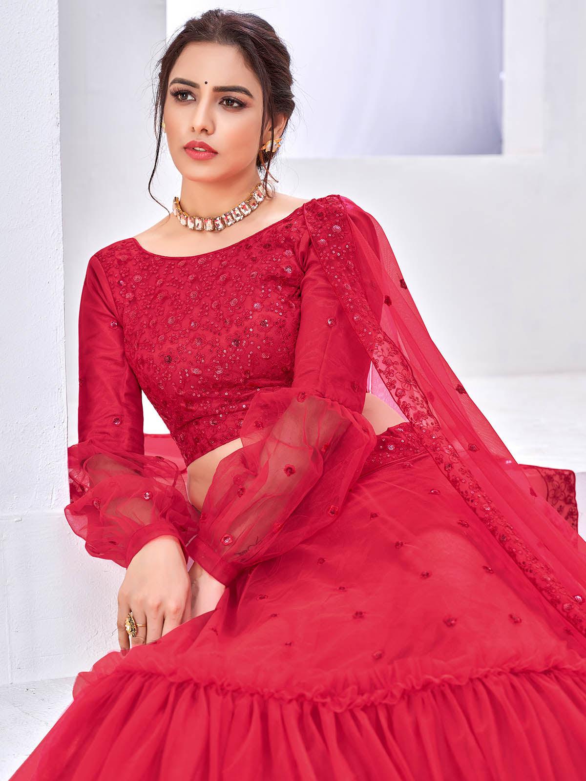 Odette Women Pretty Fuschia Pink Net Semi Stitched Lehenga With  Unstitched Blouse - Image 4