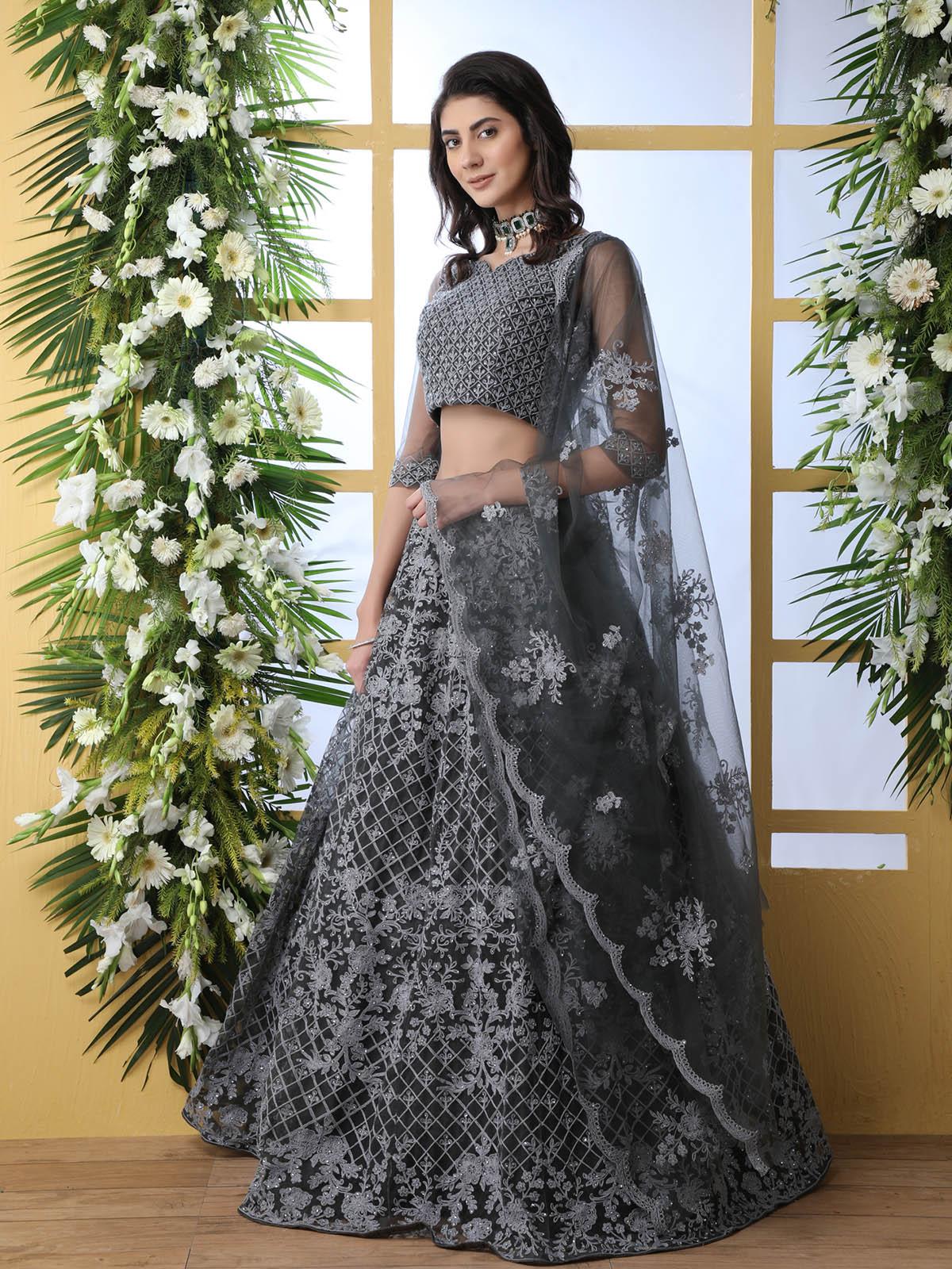 Odette Women Pretty Grey Net Semi Stitched Lehenga With  Unstitched Blouse - Image 3