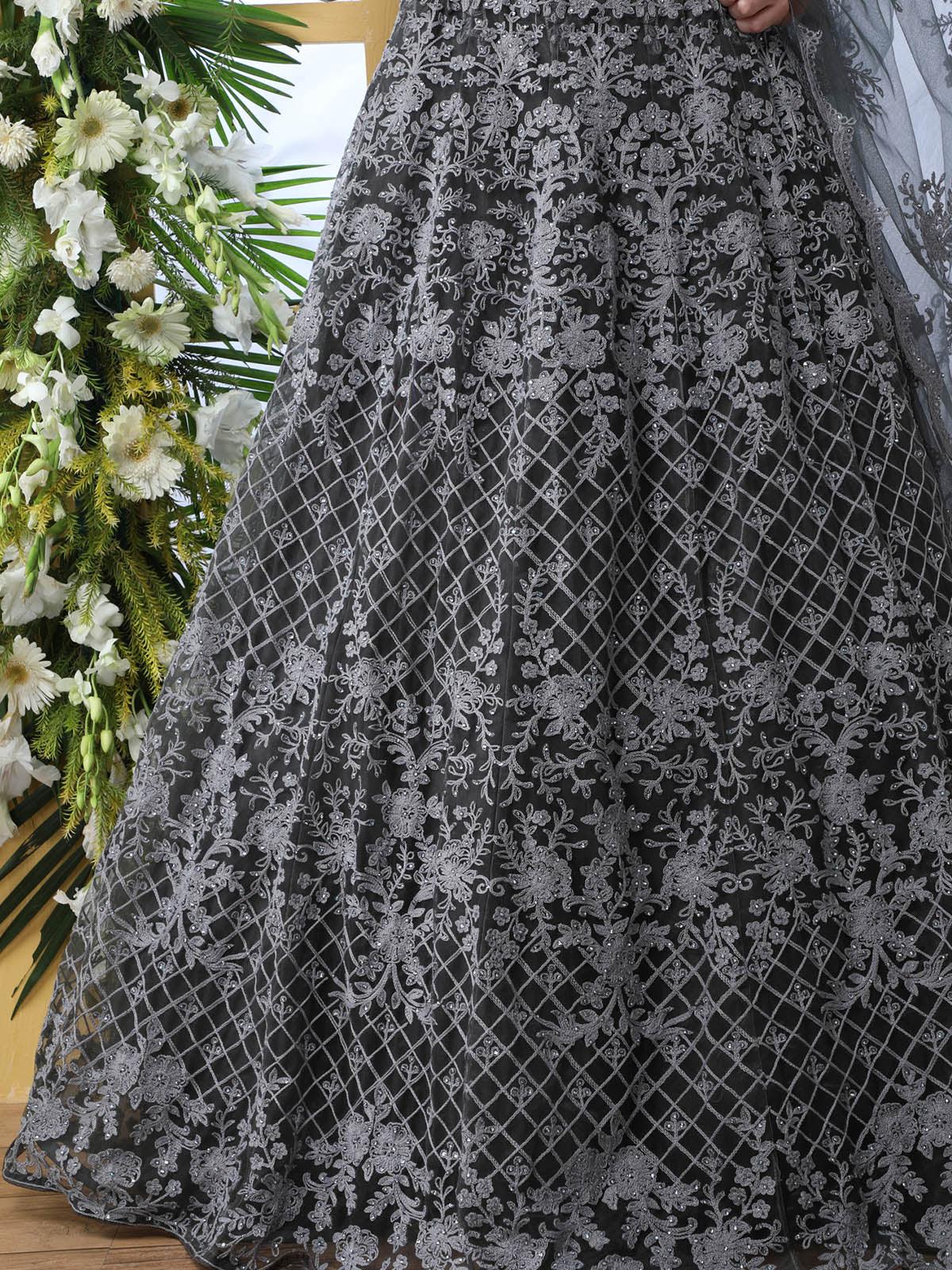 Odette Women Pretty Grey Net Semi Stitched Lehenga With  Unstitched Blouse - Image 4