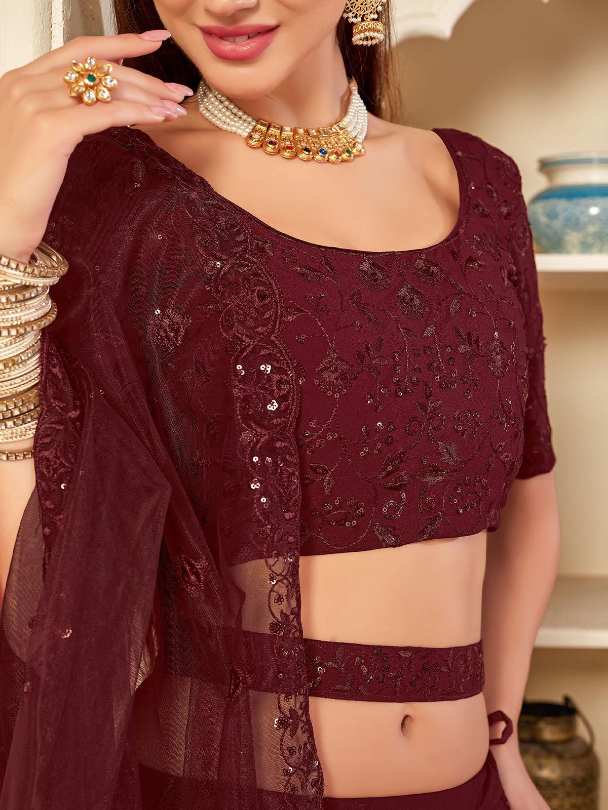 Odette Women Pretty Maroon Georgette Semi Stitched Lehenga With  Unstitched Blouse - Image 3