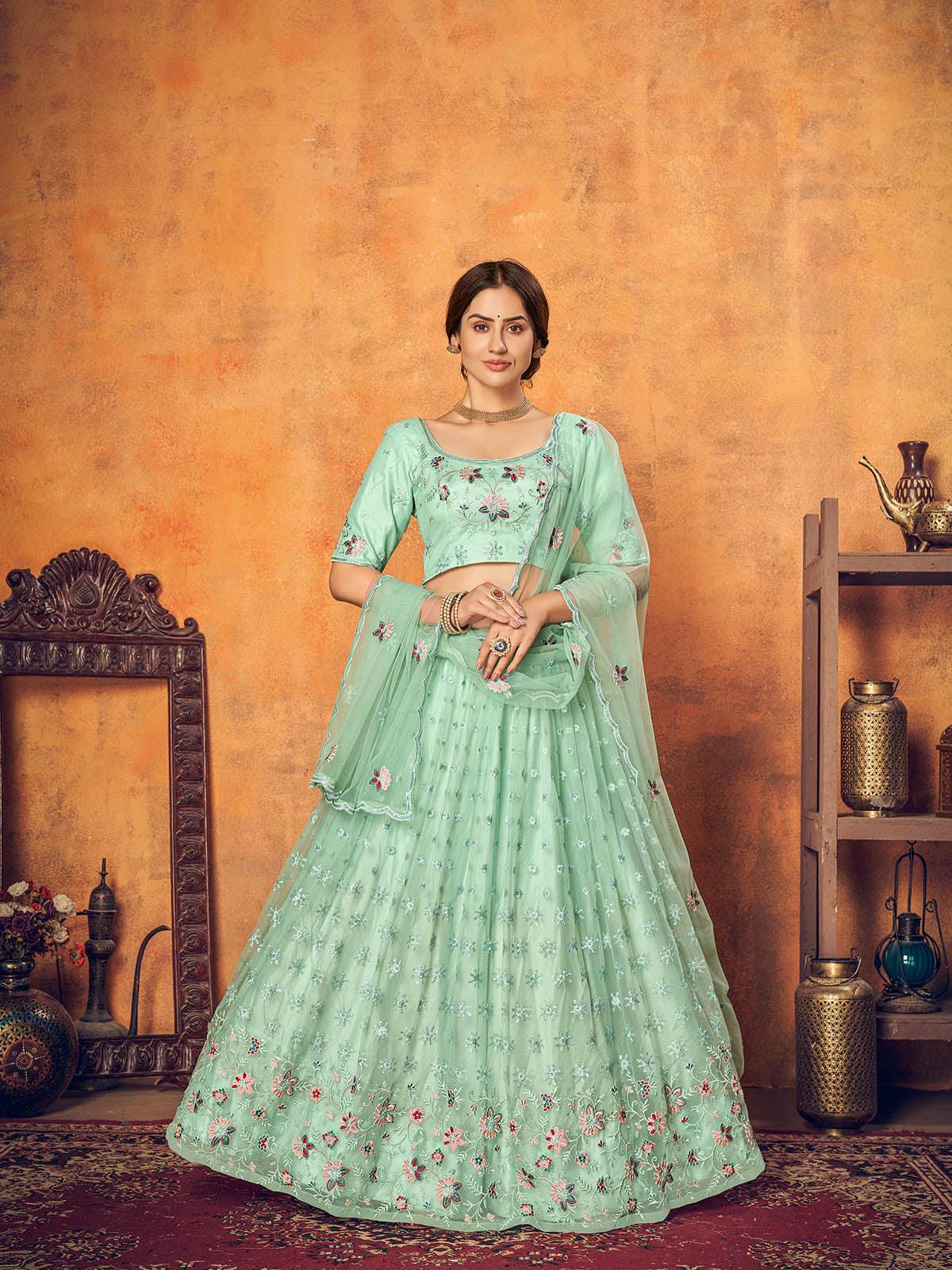 Odette Women Pretty Mint Green Net Semi Stitched Lehenga With  Unstitched Blouse - Image 2