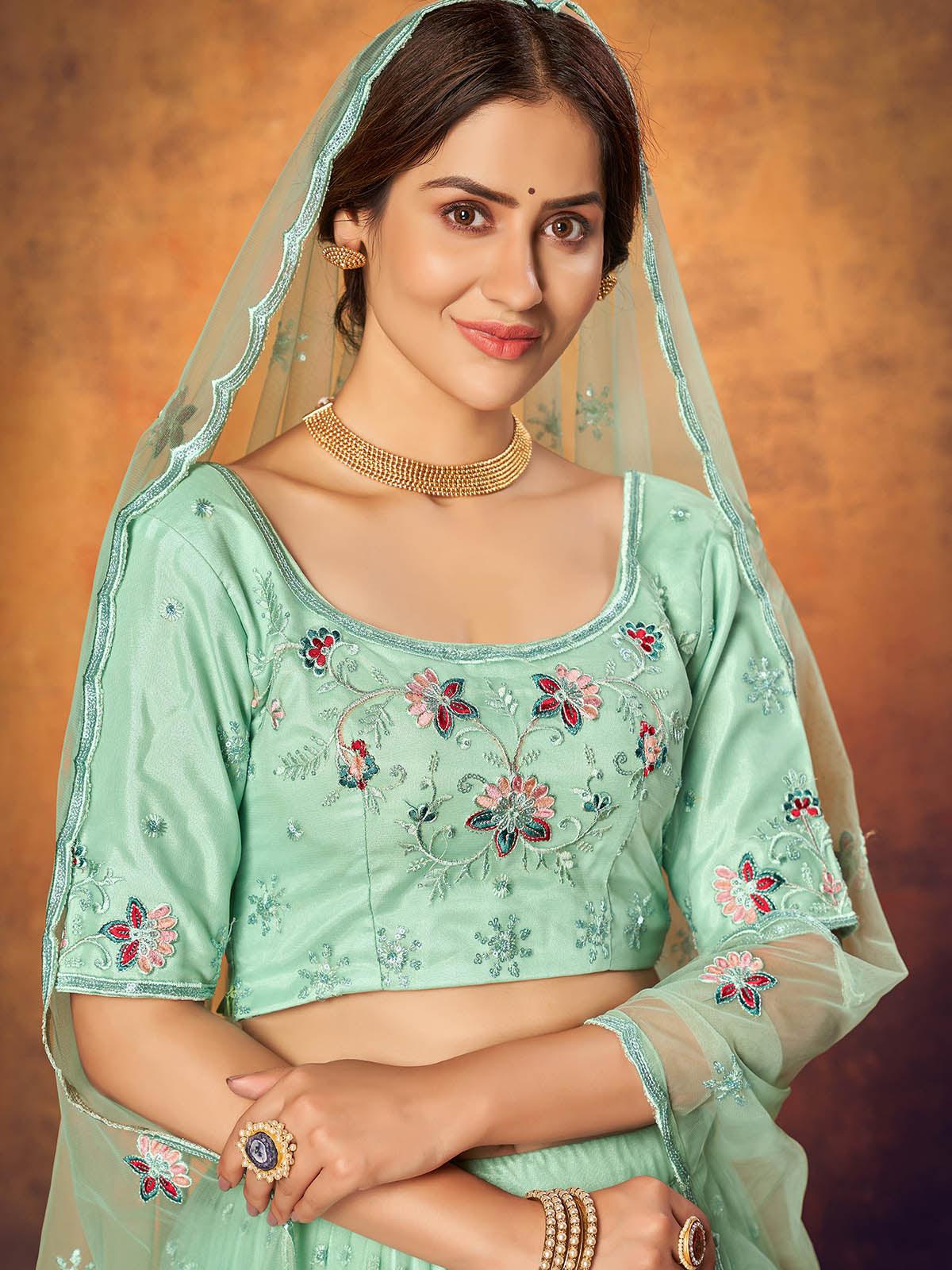 Odette Women Pretty Mint Green Net Semi Stitched Lehenga With  Unstitched Blouse - Image 4
