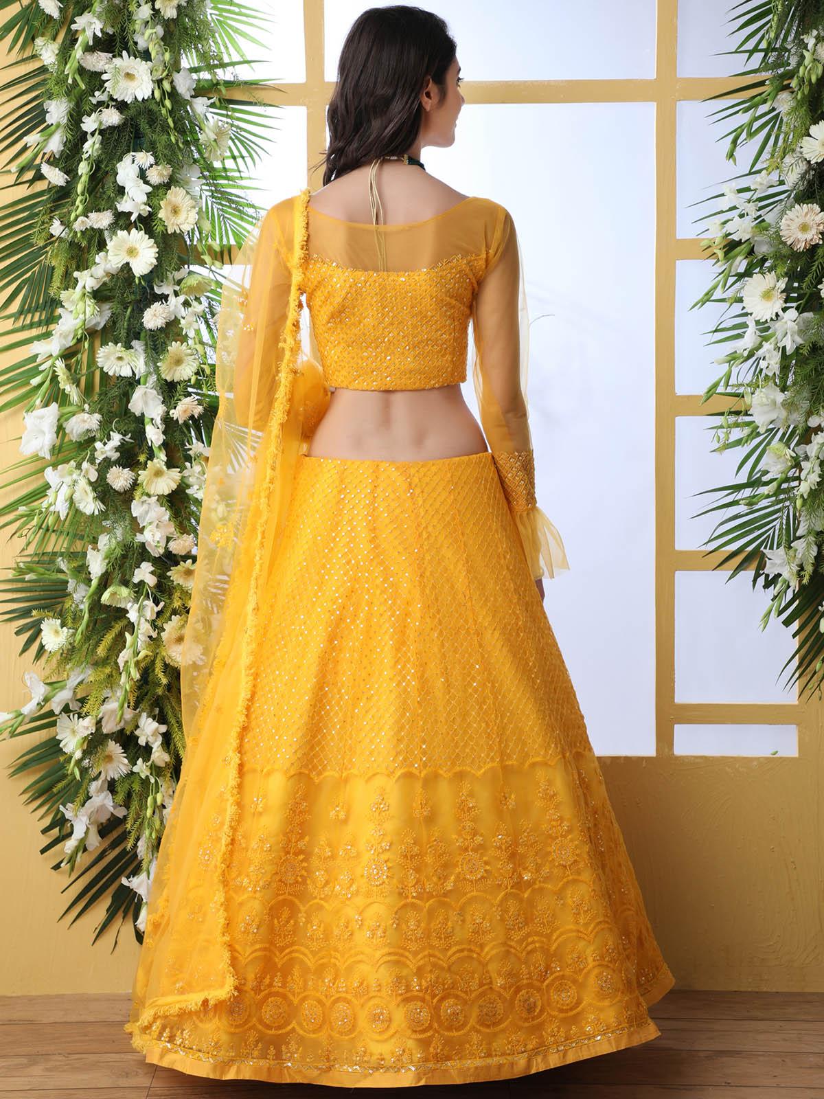 Odette Women Pretty Mustard Yellow Net Semi Stitched Lehenga With  Unstitched Blouse - Image 2