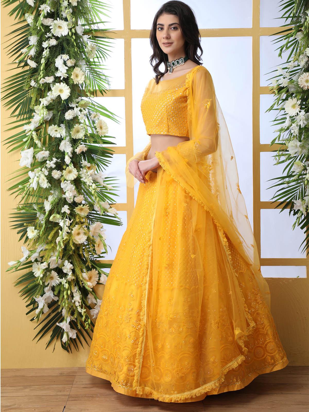 Odette Women Pretty Mustard Yellow Net Semi Stitched Lehenga With  Unstitched Blouse - Image 3