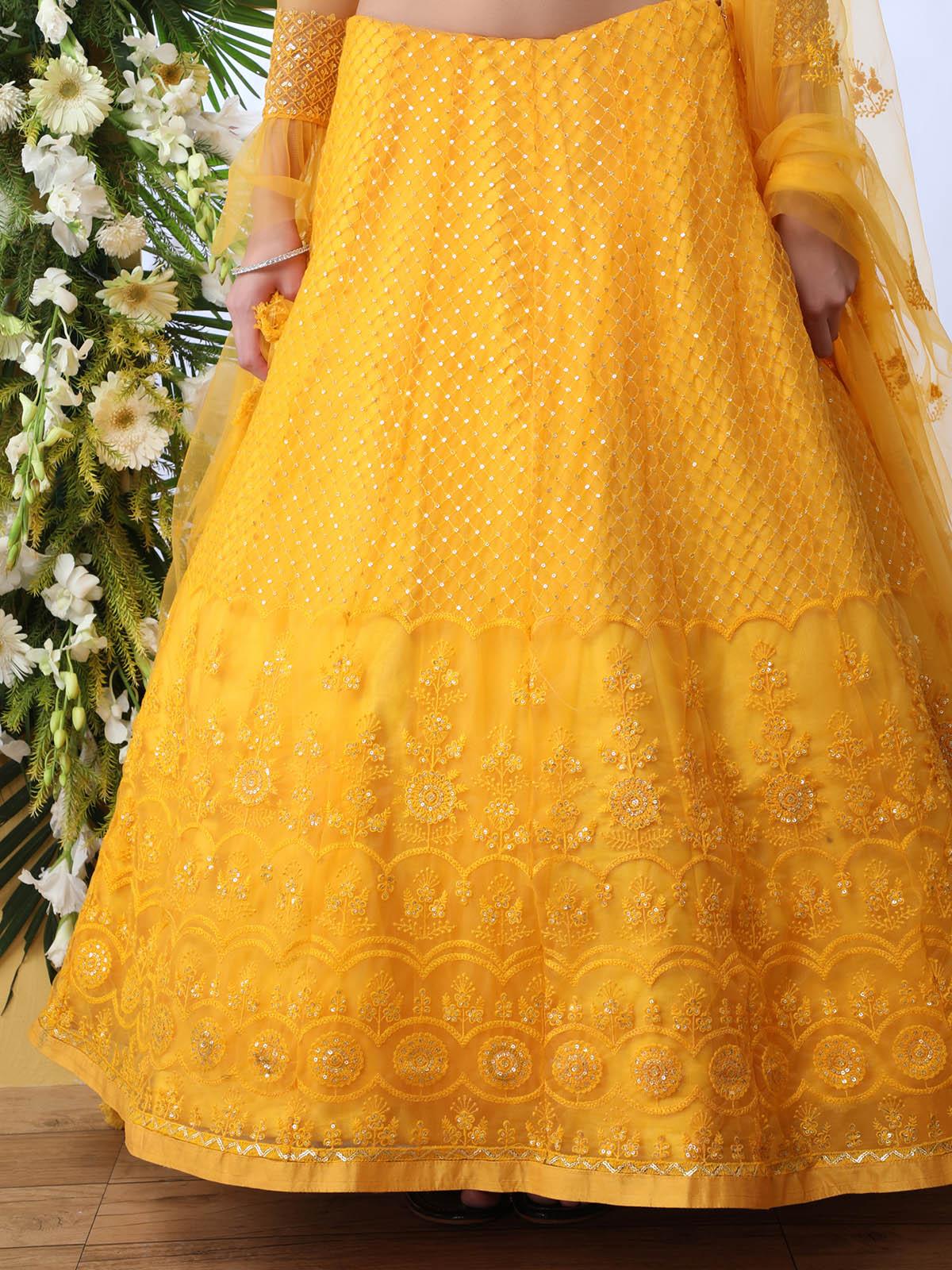 Odette Women Pretty Mustard Yellow Net Semi Stitched Lehenga With  Unstitched Blouse - Image 4