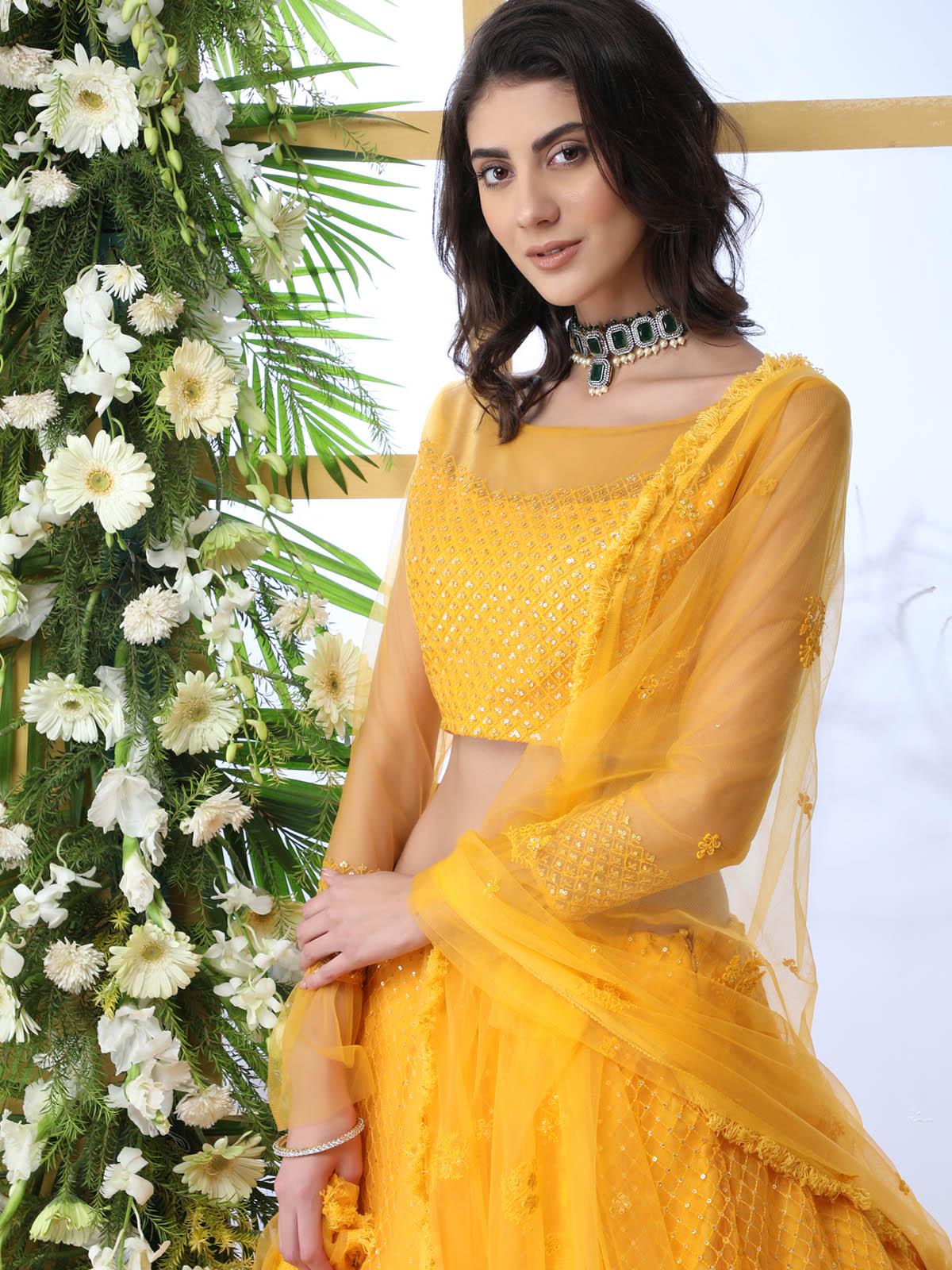 Odette Women Pretty Mustard Yellow Net Semi Stitched Lehenga With  Unstitched Blouse - Image 5