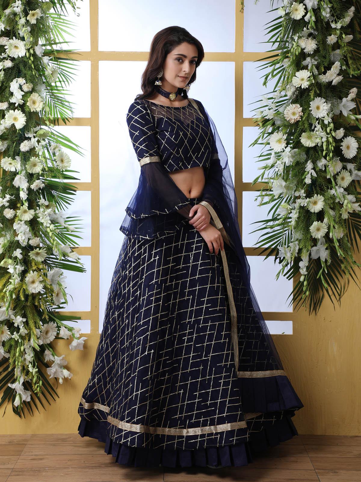 Odette Women Pretty Navy Blue Net Semi Stitched Lehenga With  Unstitched Blouse - Image 2