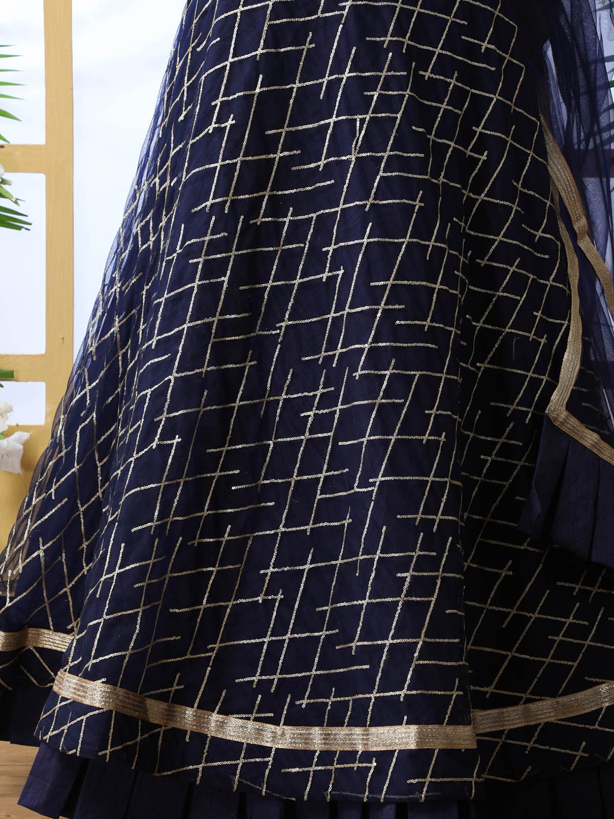 Odette Women Pretty Navy Blue Net Semi Stitched Lehenga With  Unstitched Blouse - Image 4