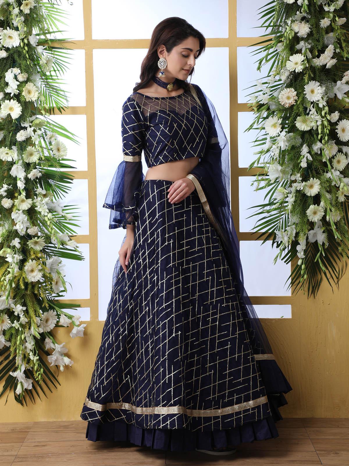 Odette Women Pretty Navy Blue Net Semi Stitched Lehenga With  Unstitched Blouse - Image 6