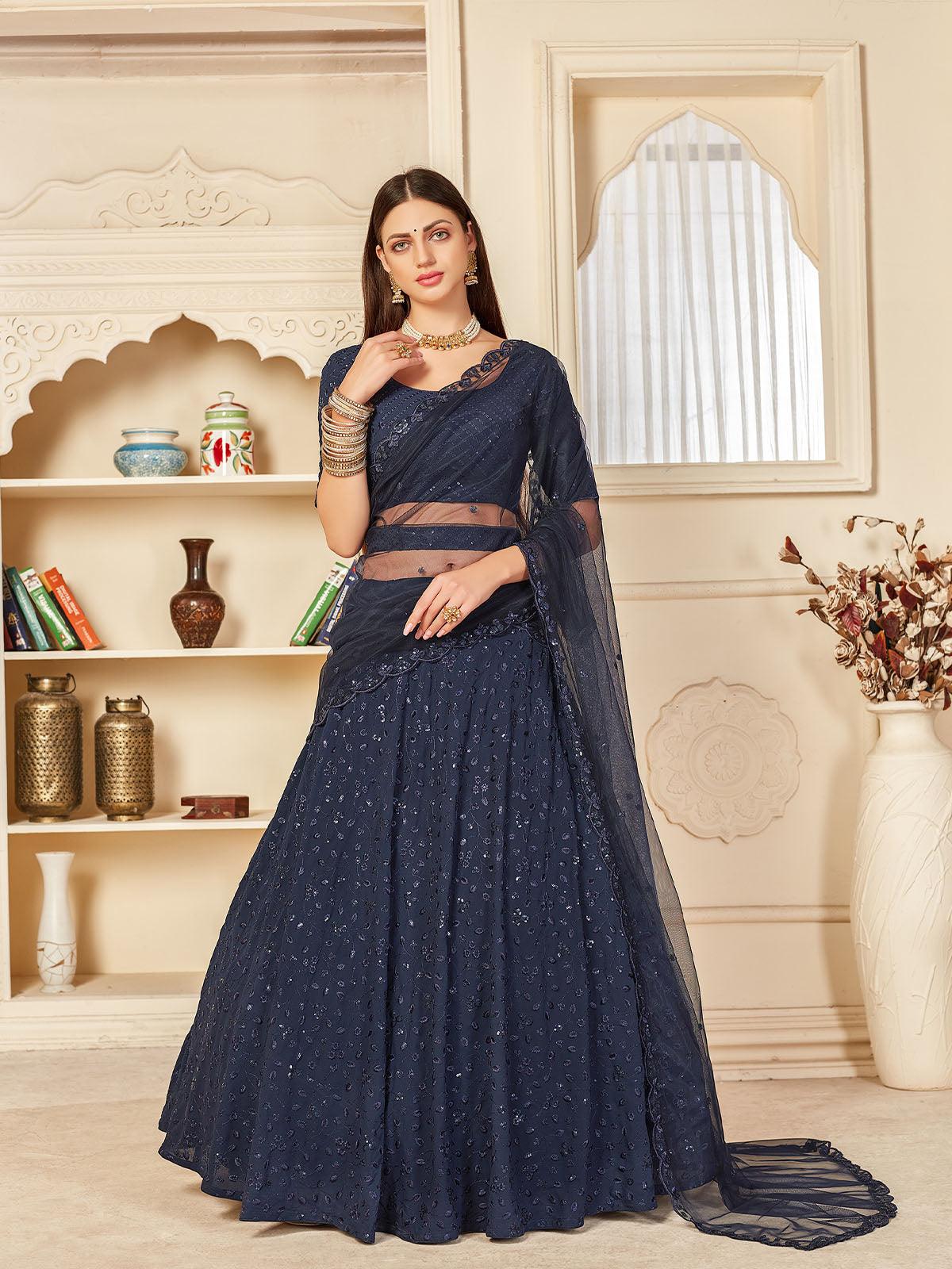 Odette Women Pretty Navy Georgette Semi Stitched Lehenga With  Unstitched Blouse - Image 3