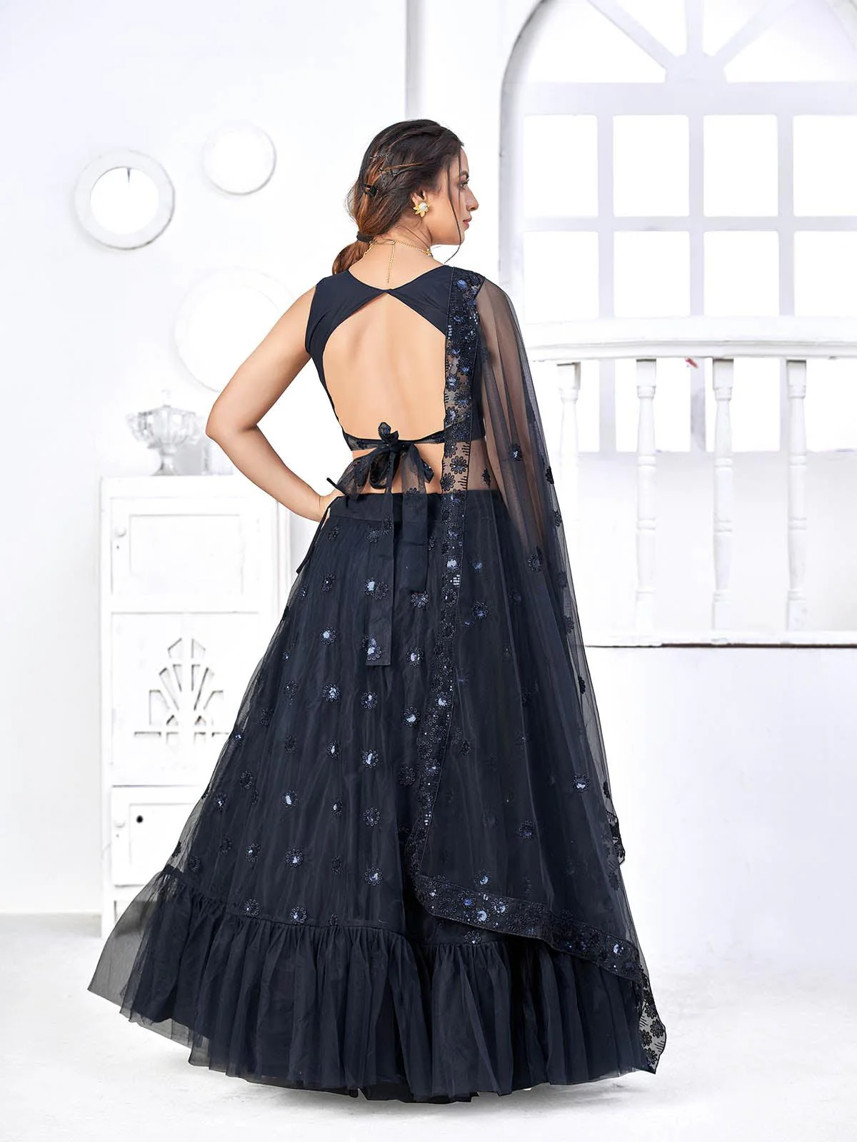 Odette Women Pretty Navy Net Semi Stitched Lehenga With  Unstitched Blouse - Image 3