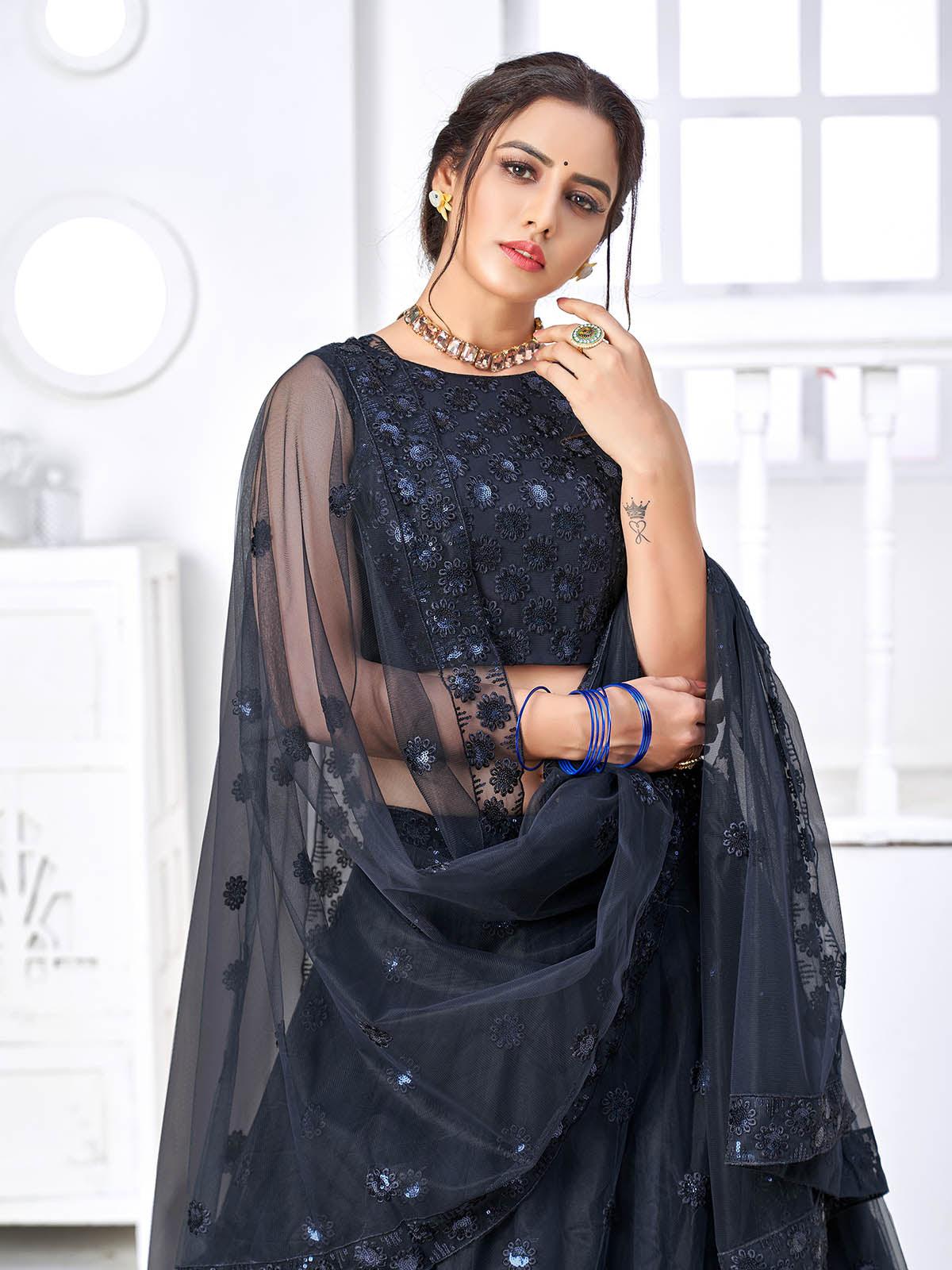 Odette Women Pretty Navy Net Semi Stitched Lehenga With  Unstitched Blouse - Image 4