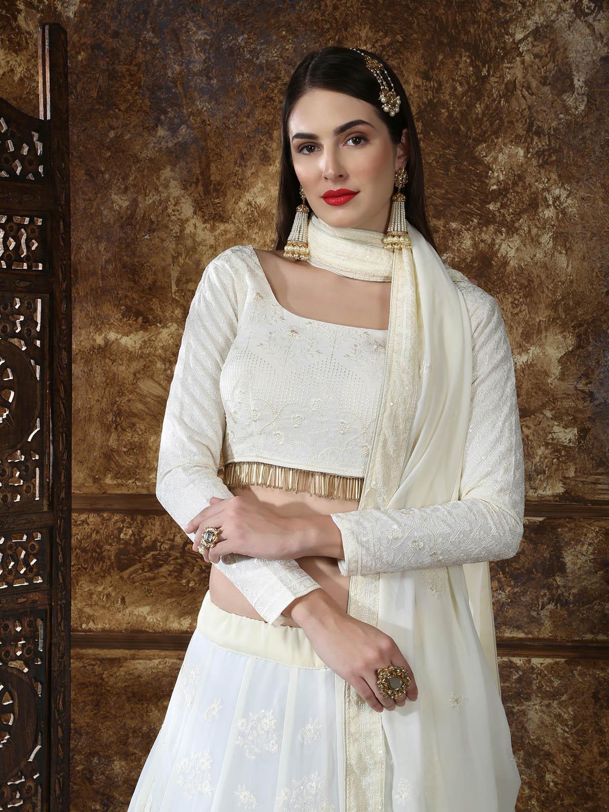 Odette Women Pretty Off-White Georgette Semi Stitched Lehenga With  Unstitched Blouse - Image 4