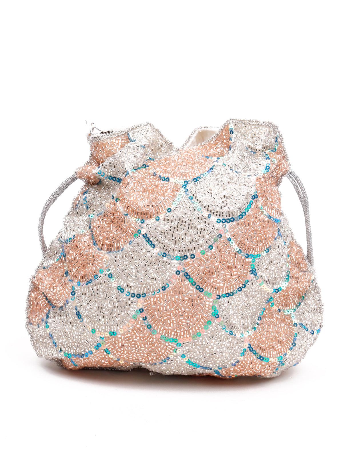 Odette Women Pretty Peach And White Sequence Potli Bag - Image 4