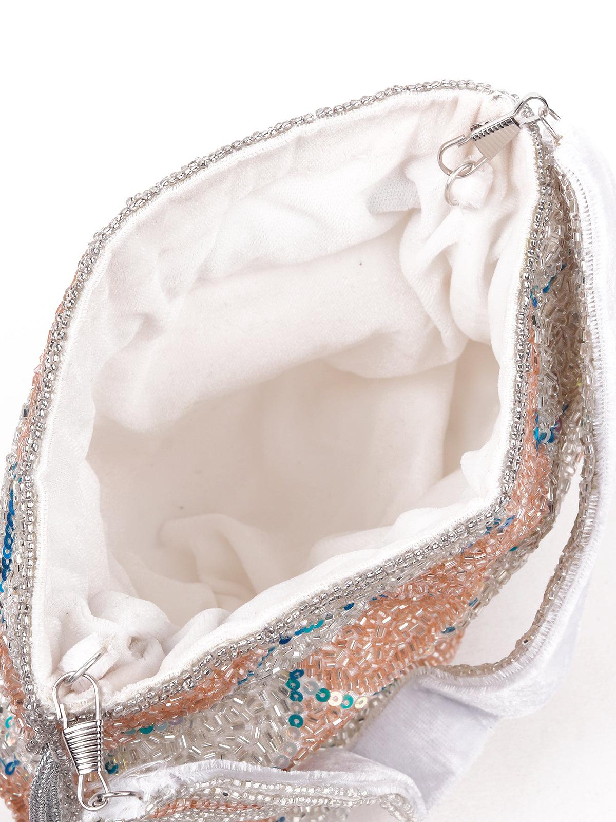 Odette Women Pretty Peach And White Sequence Potli Bag - Image 6