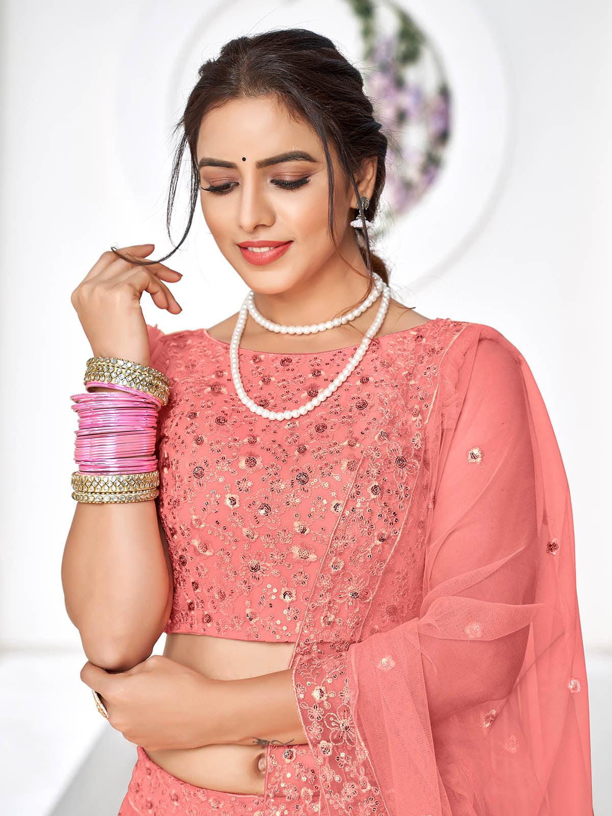 Odette Women Pretty Peach Net Semi Stitched Lehenga With  Unstitched Blouse - Image 2