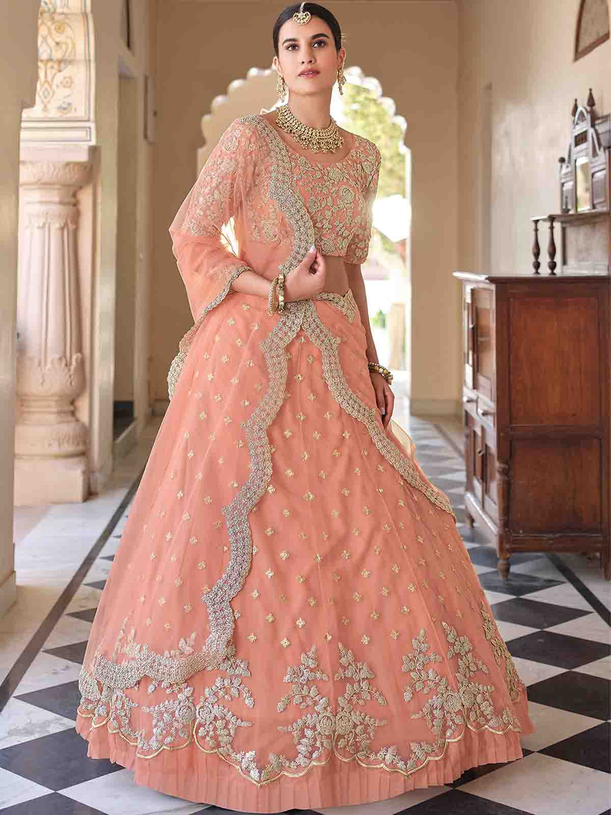 Odette Women Pretty Peach Soft Net Semi Stitched Lehenga With Unstitched Blouse - Image 2