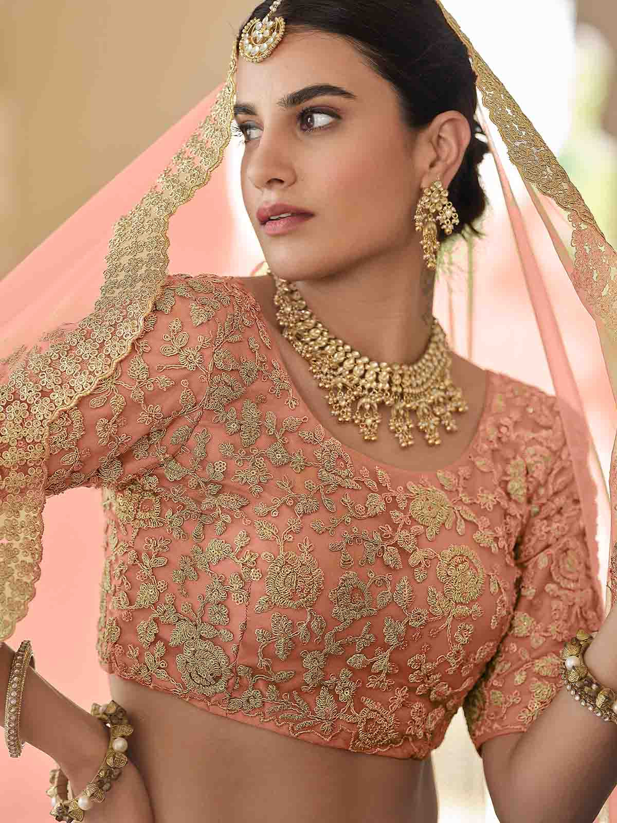 Odette Women Pretty Peach Soft Net Semi Stitched Lehenga With Unstitched Blouse - Image 4
