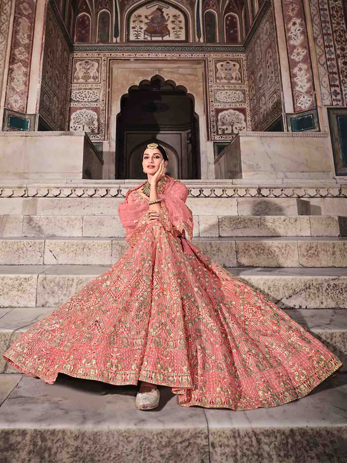 Odette Women Pretty Peach Soft Net Semi Stitched Lehenga With Unstitched Blouse - Image 2