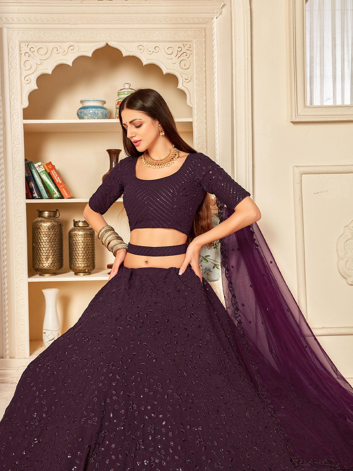 Odette Women Pretty Purple Georgette Semi Stitched Lehenga With  Unstitched Blouse - Image 2