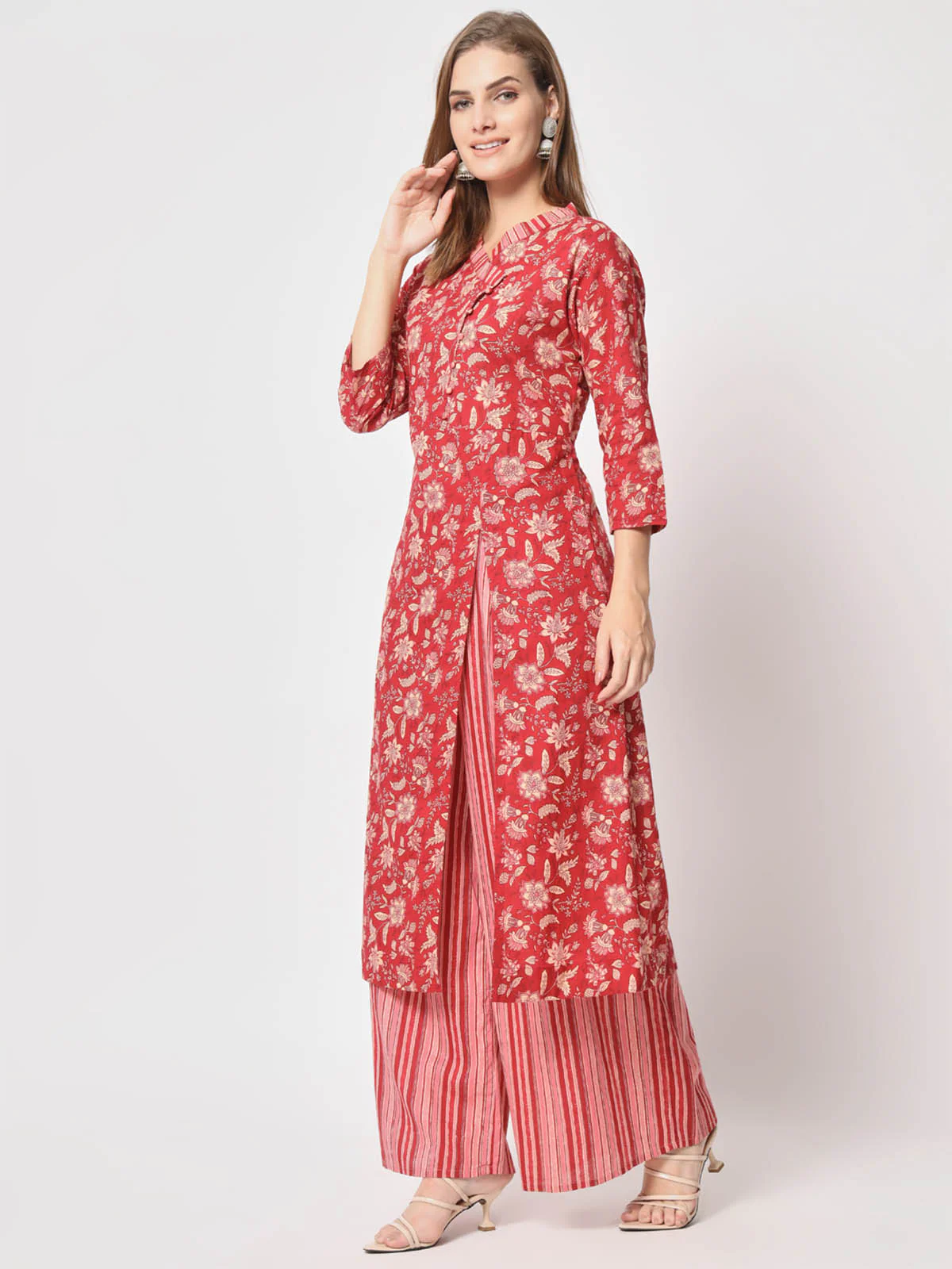 Odette Women Pretty Red Cotton Printed Stitched Kurta Set - Image 3