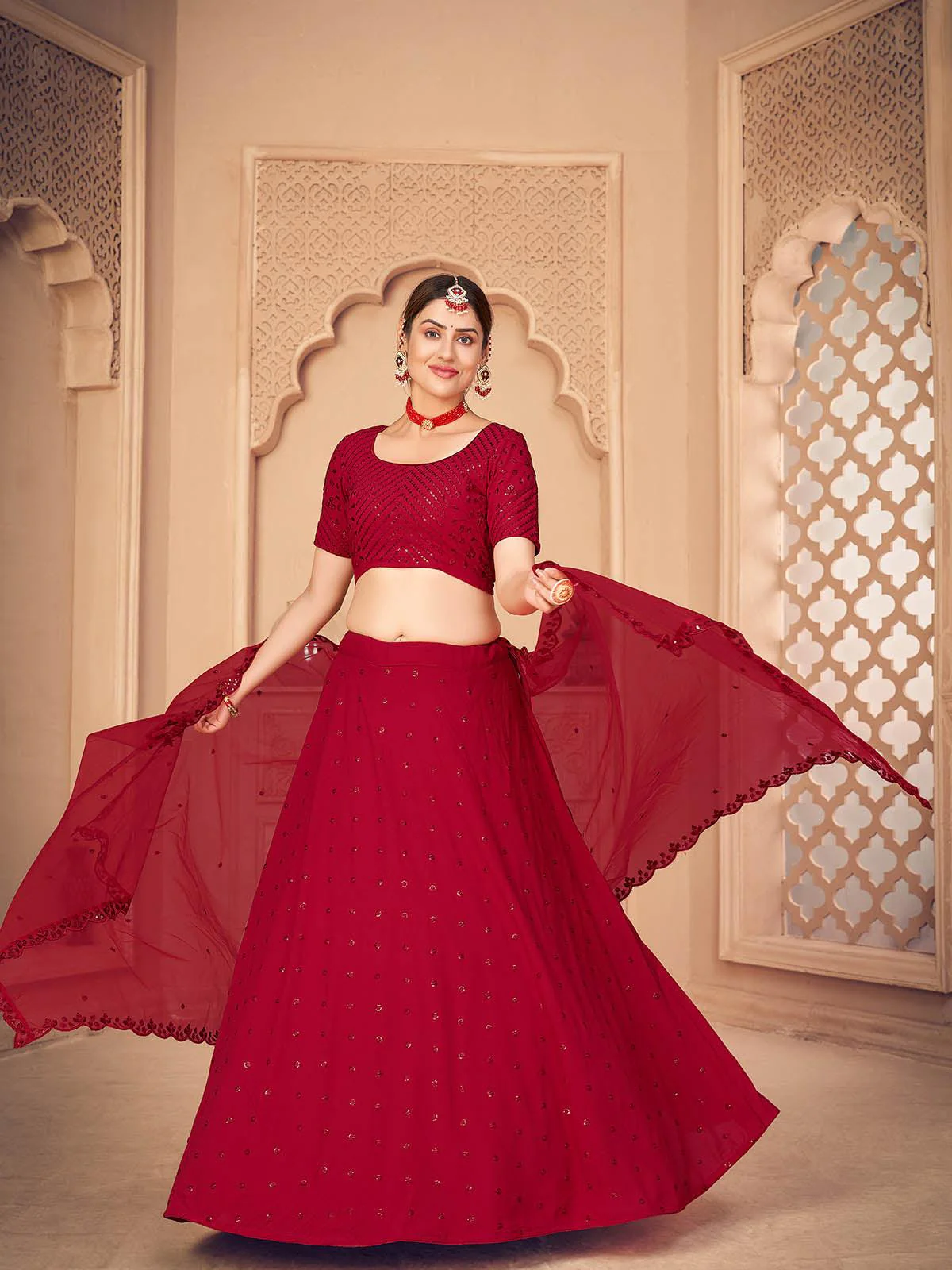 Odette Women Pretty Red Georgette Semi Stitched Lehenga With  Unstitched Blouse - Image 3