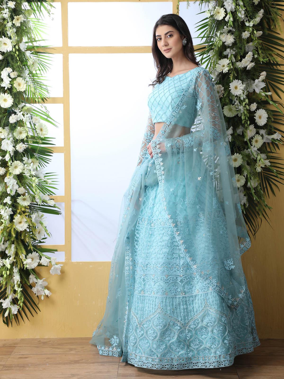 Odette Women Pretty Sky Blue Net Semi Stitched Lehenga With  Unstitched Blouse - Image 3