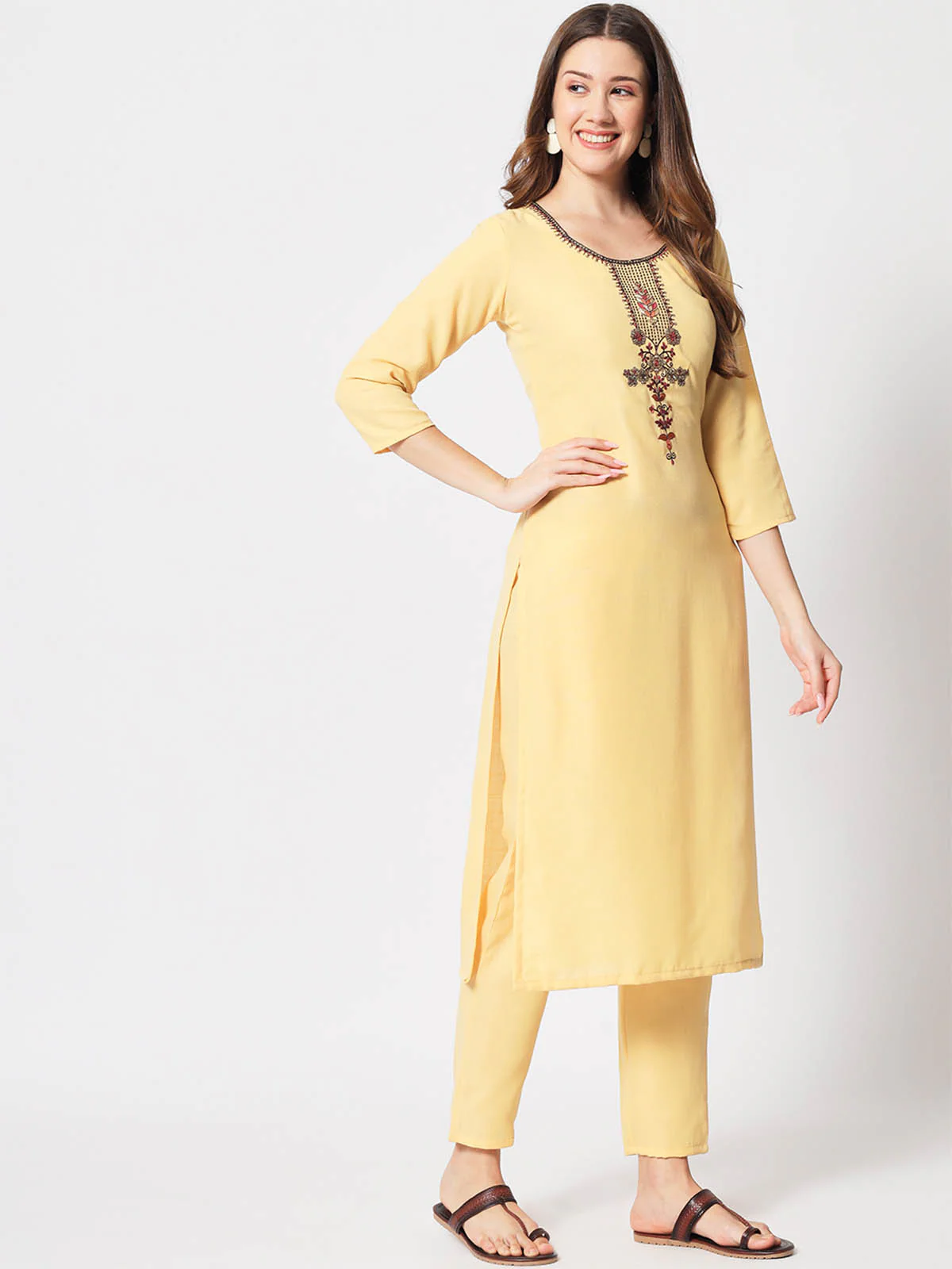 Odette Women Pretty Yellow Cotton Embroidered Stitched Kurta Set - Image 4
